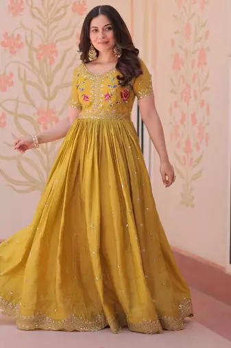 Yellow gold crush sequins multi thread embroidered flared gown