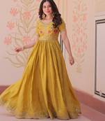 Yellow gold crush sequins multi thread embroidered flared gown