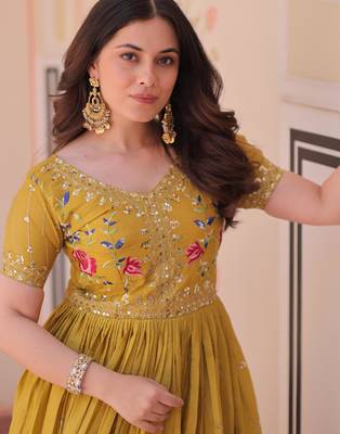 Yellow gold crush sequins multi thread embroidered flared gown 2