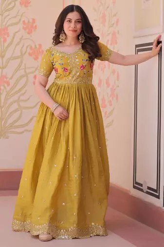 Yellow gold crush sequins multi thread embroidered flared gown