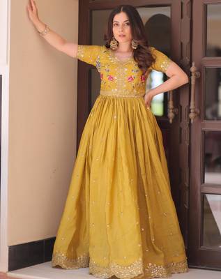 Yellow gold crush sequins multi thread embroidered flared gown 4