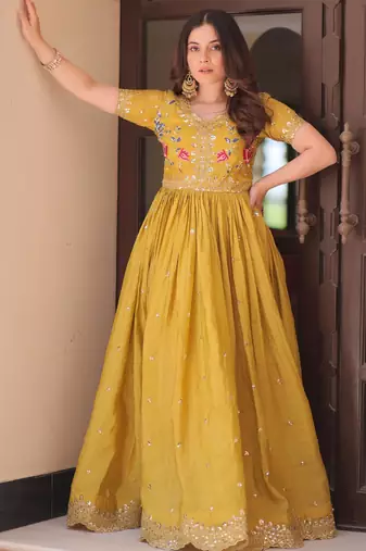 Yellow gold crush sequins multi thread embroidered flared gown