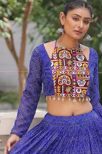 Blue Faux Georgette Bandhej Kutchi Work Top With Flared Lehenga