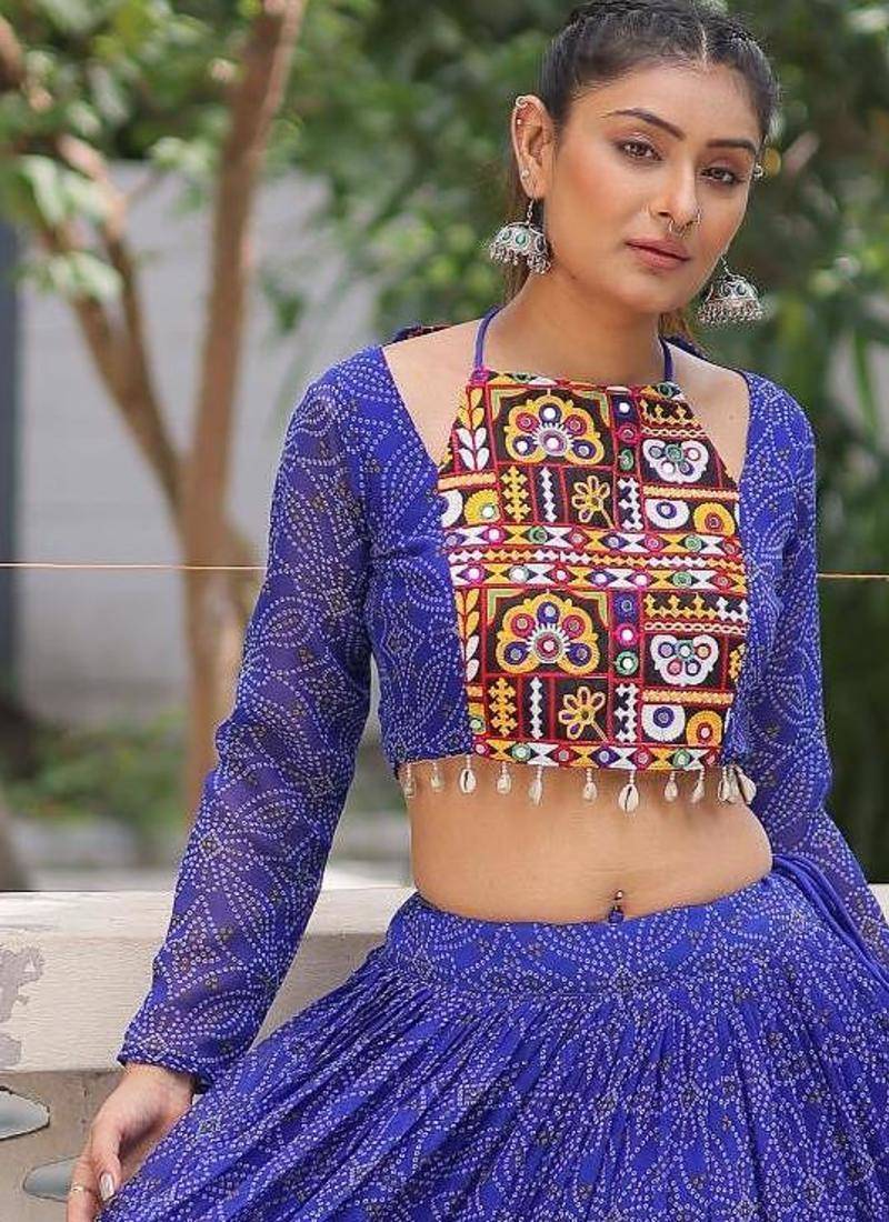 Blue Faux Georgette Bandhej Kutchi Work Top With Flared Lehenga