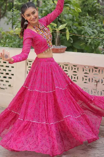 Pink Faux Georgette Bandhej Kutchi Work Top With Flared Lehenga