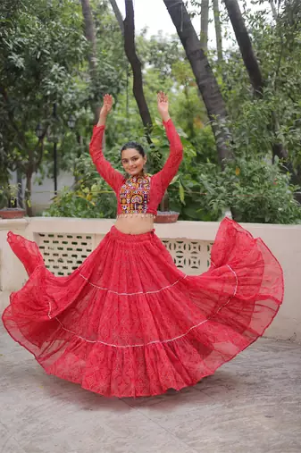 Red Faux Georgette Bandhej Kutchi Work Top With Flared Lehenga