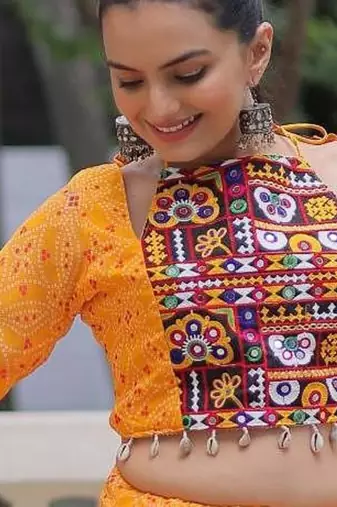 Yellow Faux Georgette Bandhej Kutchi Work Top With Flared Lehenga