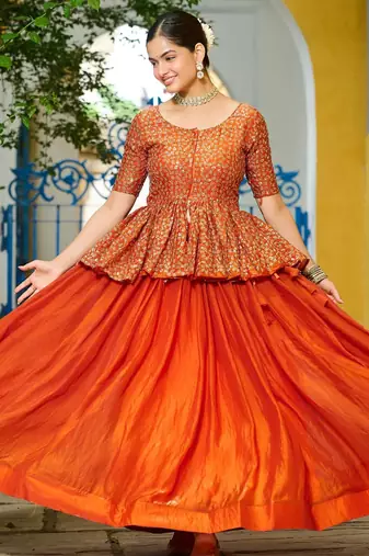 Orange Fendy Embroidered & Sequins Work Peplum Top With Flared Lehenga