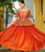 Orange Fendy Embroidered & Sequins Work Peplum Top With Flared Lehenga