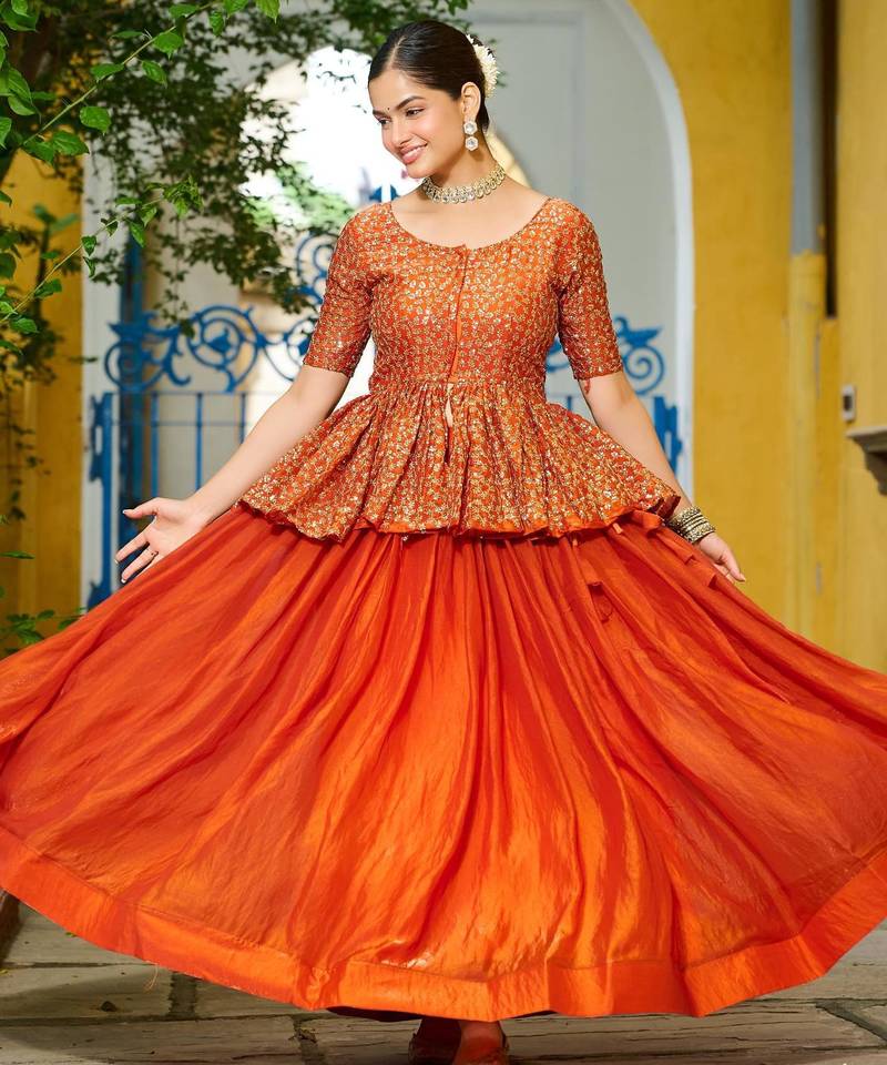 Orange Fendy Embroidered & Sequins Work Peplum Top With Flared Lehenga