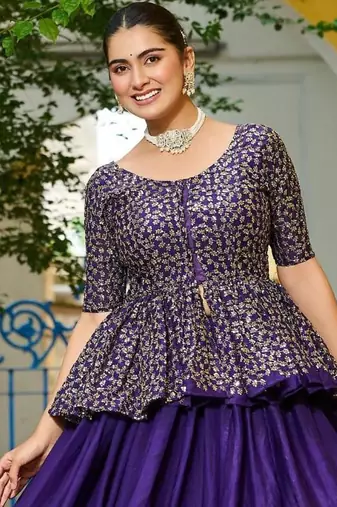 Purple Fendy Embroidered & Sequins Work Peplum Top With Flared Lehenga