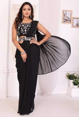 ready to wear latest design georgette saree with embroidery blouse piece & belt 1