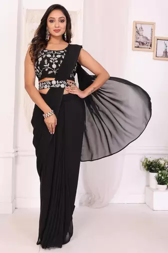 Latest Design Georgette Ready To Wear Saree With Amazing Embroidery Blouse Piece & Belt