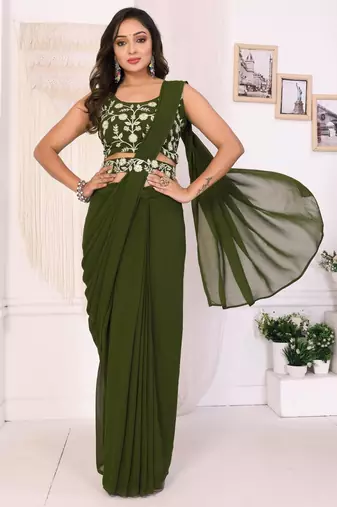 mehendi Georgette Ready To Wear Saree With Blouse Piece & Belt