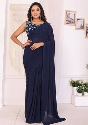 ready to wear navy blue georgette saree with blouse piece & belt 1