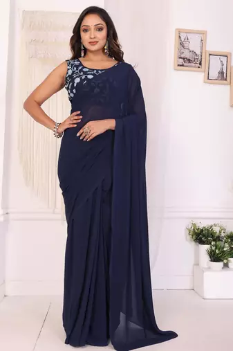 navy blue Georgette Ready To Wear Saree With Blouse Piece & Belt