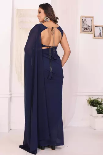 ready to wear navy blue georgette saree with blouse piece & belt