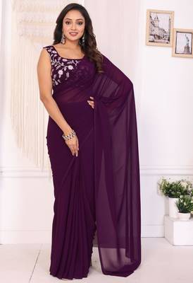 ready to wear wine georgette saree with blouse piece & belt 1