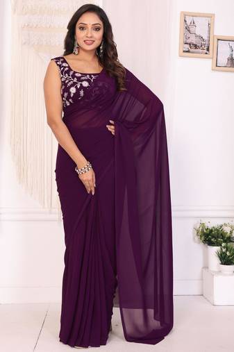 wine Georgette Ready To Wear Saree With Blouse Piece & Belt