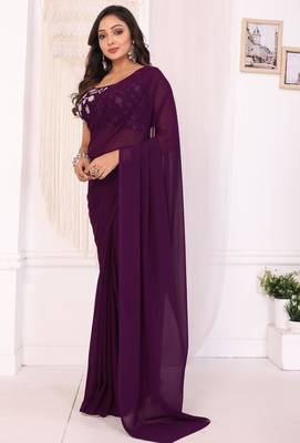 ready to wear wine georgette saree with blouse piece & belt 2