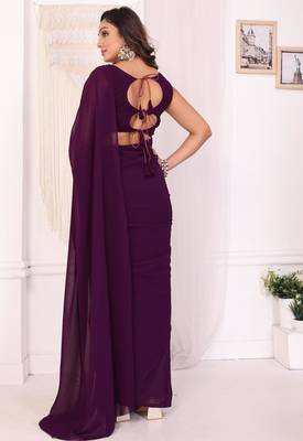 ready to wear wine georgette saree with blouse piece & belt 4