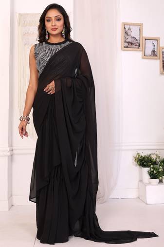 Latest Designer Georgette Ruffle Style Ready To Wear Saree With Amazing Georgette Embroidery Blouse Piece