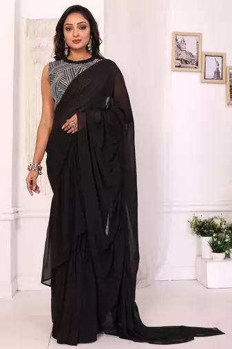 Latest Designer Georgette Ruffle Style Ready To Wear Saree With Amazing Georgette Embroidery Blouse Piece