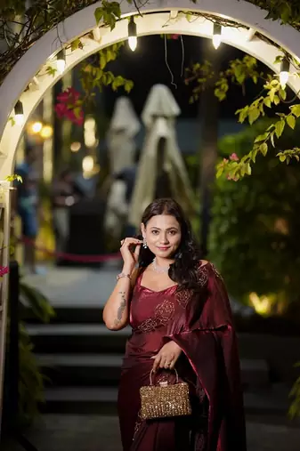 Maroon silk blend cutdana handwork saree with blouse
