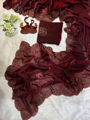 Maroon silk blend cutdana handwork saree with blouse 4