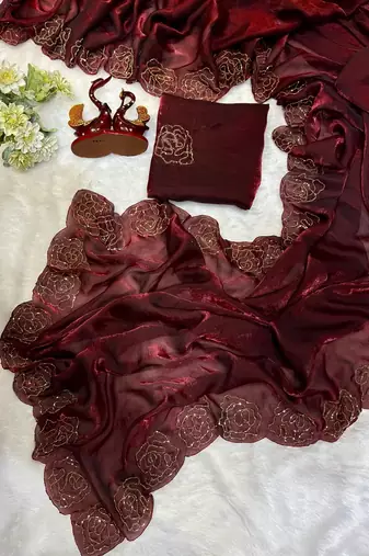 Maroon silk blend cutdana handwork saree with blouse