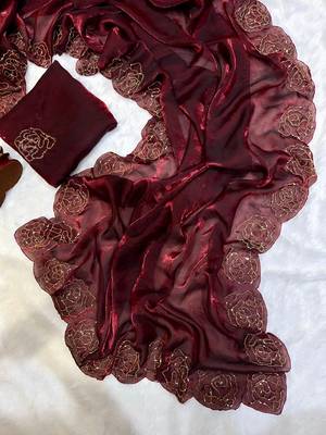 Maroon silk blend cutdana handwork saree with blouse 5