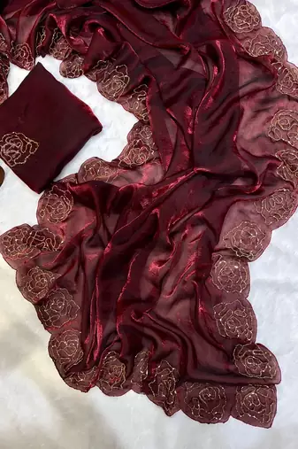 Maroon silk blend cutdana handwork saree with blouse