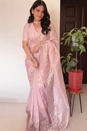 Pink jimmy choo with pearl katadana handwork saree with blouse