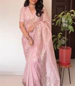 Pink jimmy choo with pearl katadana handwork saree with blouse