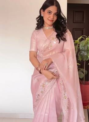 Pink jimmy choo with pearl katadana handwork saree with blouse 2
