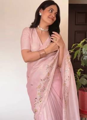 Pink jimmy choo with pearl katadana handwork saree with blouse 3