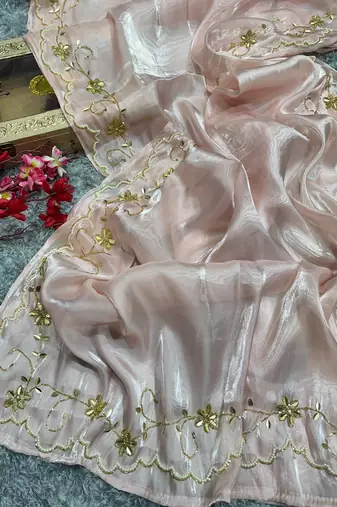 Pink jimmy choo with pearl katadana handwork saree with blouse