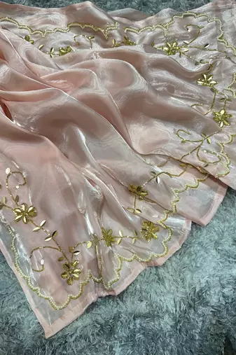 Pink jimmy choo with pearl katadana handwork saree with blouse