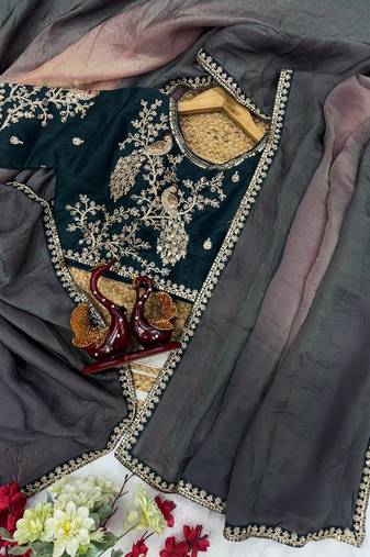 Black silk blend sequin coding work saree with fully stitched blouse