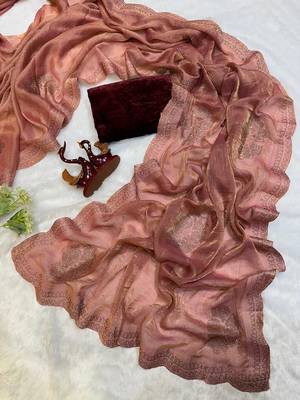 Rust chiffon silk swarovski diamond work saree with blouse 1