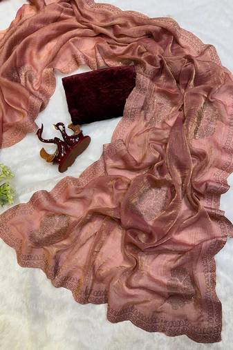 Rust chiffon silk swarovski diamond work saree with blouse