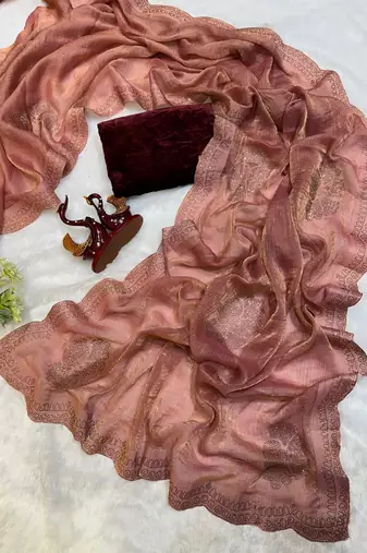 Rust chiffon silk swarovski diamond work saree with blouse
