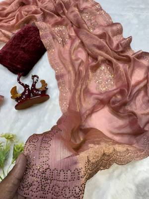 Rust chiffon silk swarovski diamond work saree with blouse 2