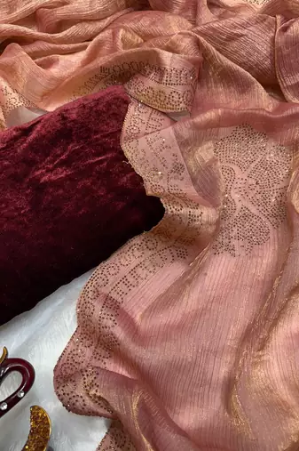 Rust chiffon silk swarovski diamond work saree with blouse
