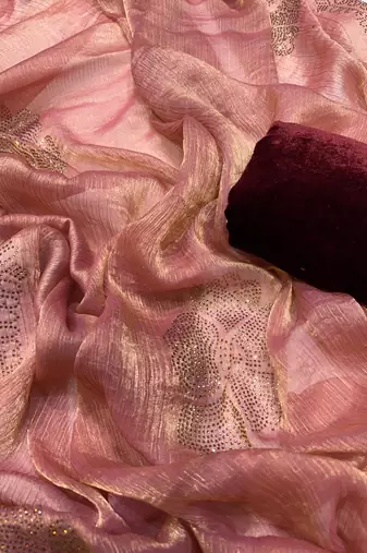 Rust chiffon silk swarovski diamond work saree with blouse