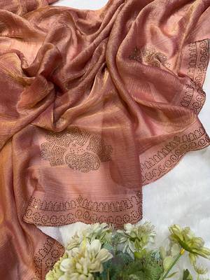Rust chiffon silk swarovski diamond work saree with blouse 5