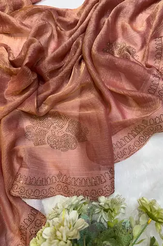 Rust chiffon silk swarovski diamond work saree with blouse