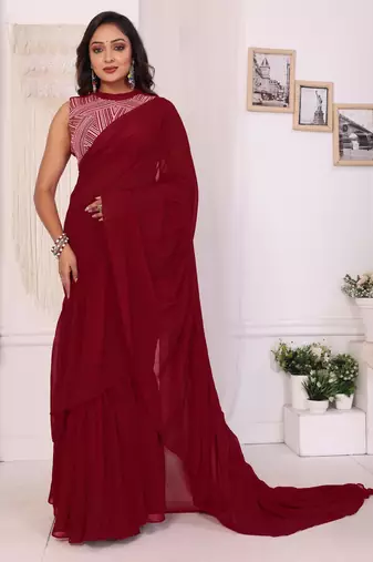 maroon Georgette Ruffle Style Ready To Wear Saree With Blouse Piece