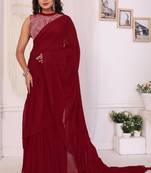 ready to wear maroon georgette ruffle style saree with blouse piece