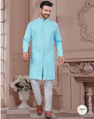Full ckicken kari computer embroidery indowestern sherwani set with fancy botton 1